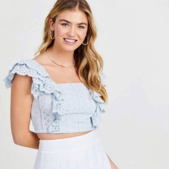 Altar'd State Moselle Blue Eyelet Ruffle Smocked Crop Coastal Cowgirl Medium Top - Picture 1 of 10